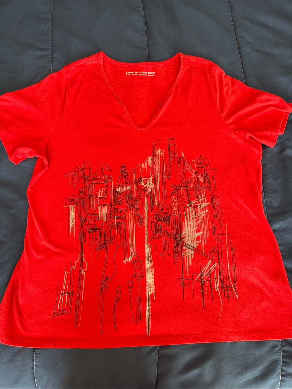 Penningtons Red V-Neck Short Sleeve Tee with Cityscape Graphic